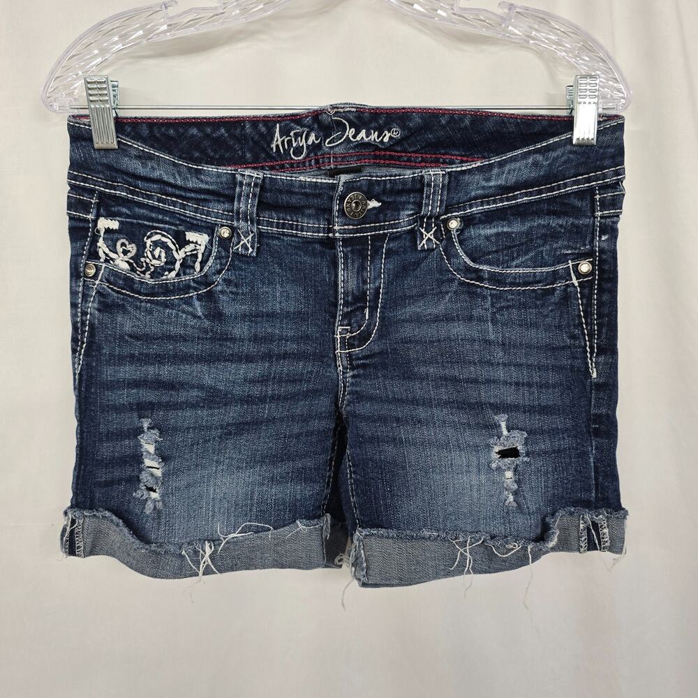 Ariya Distressed Jean Shorts Juniors 7 / 8 Blue Dark Wash Embroidered Cuffed Hem
